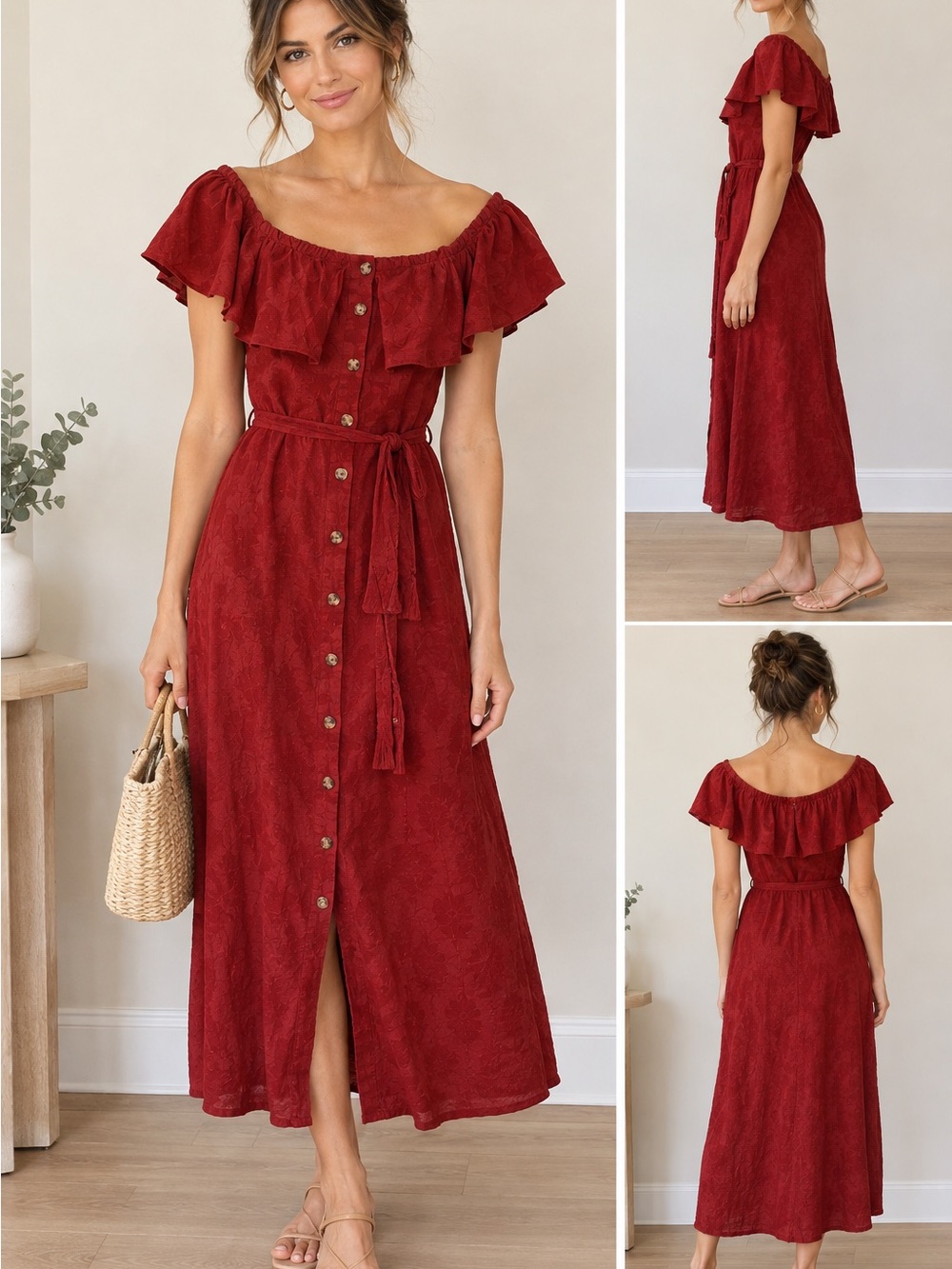 Zara Off-Shoulder Button-Front Midi Dress in Deep Red